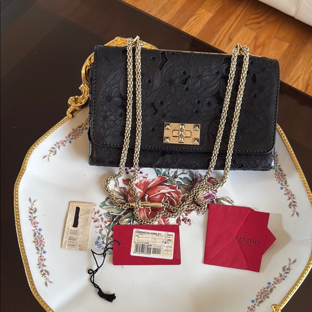 Valentino Garavani Black Soft Leather Embroidered Clutch with Gold Chain
